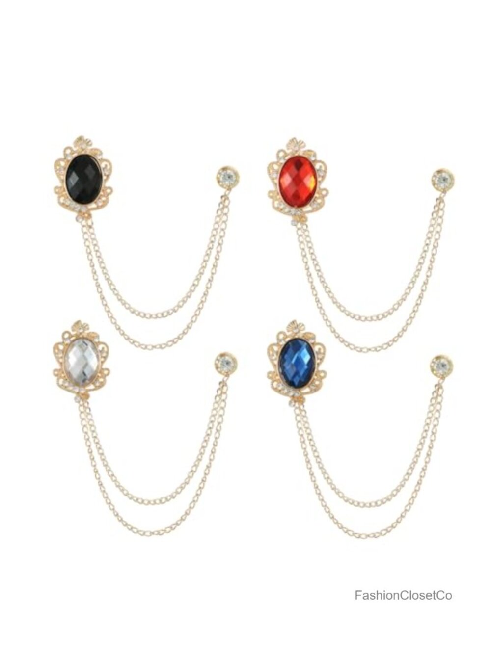 4PCS Rhinestone Brooch Lapel Pin Chain Suit Tassel Collar Hanging Chains